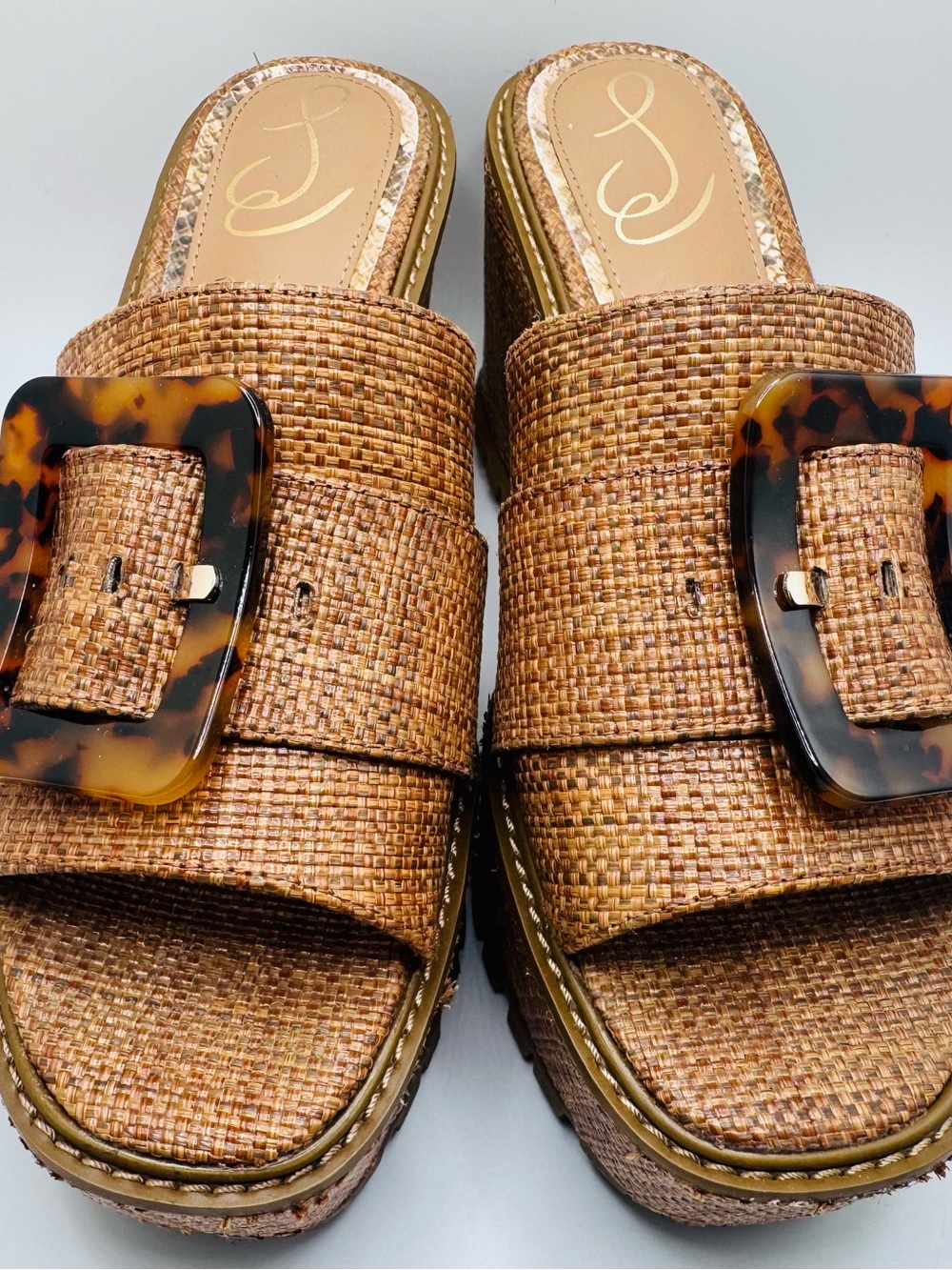 Sam Edelman Tan Woven Platform Slide Sandals with Tortoiseshell Buckle